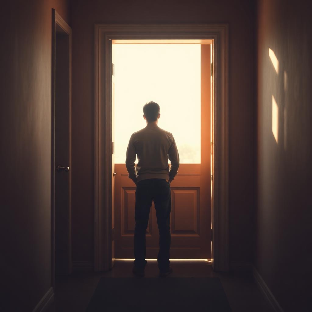 A person standing at an open doorway looking toward the light, contemplating a big decision