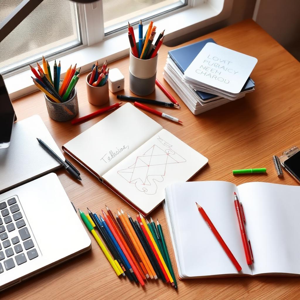 A dynamic creative desk with colorful pens, a sketchbook and open notebooks in bright natural light