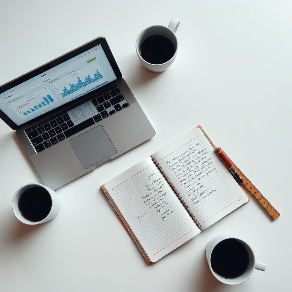 A tidy minimalist desk with a laptop showing charts, a neat notebook and a ruler in clean light