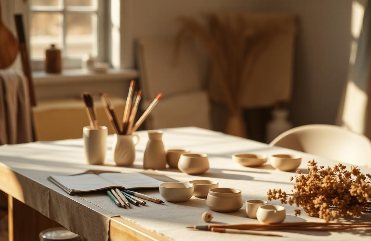 An artist's serene studio table with paintbrushes, ceramics and dried flowers in warm light