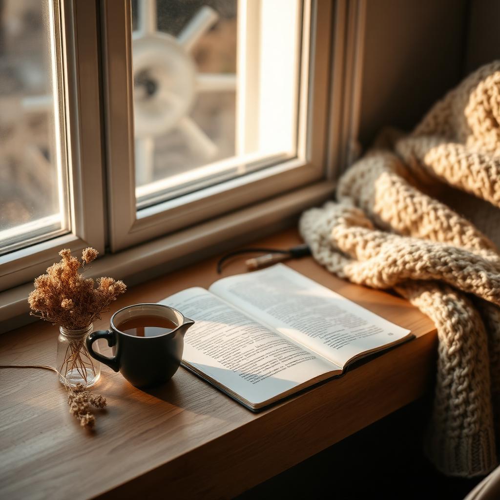 A gentle serene desk with an open journal, herbal tea and dried flowers by a window in soft golden light
