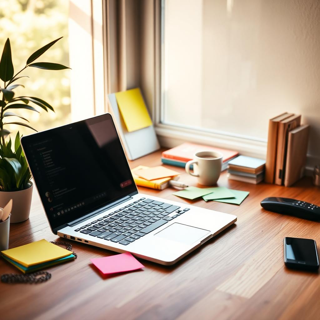 A warm lively workspace with an open laptop, colorful sticky notes and coffee in bright natural light