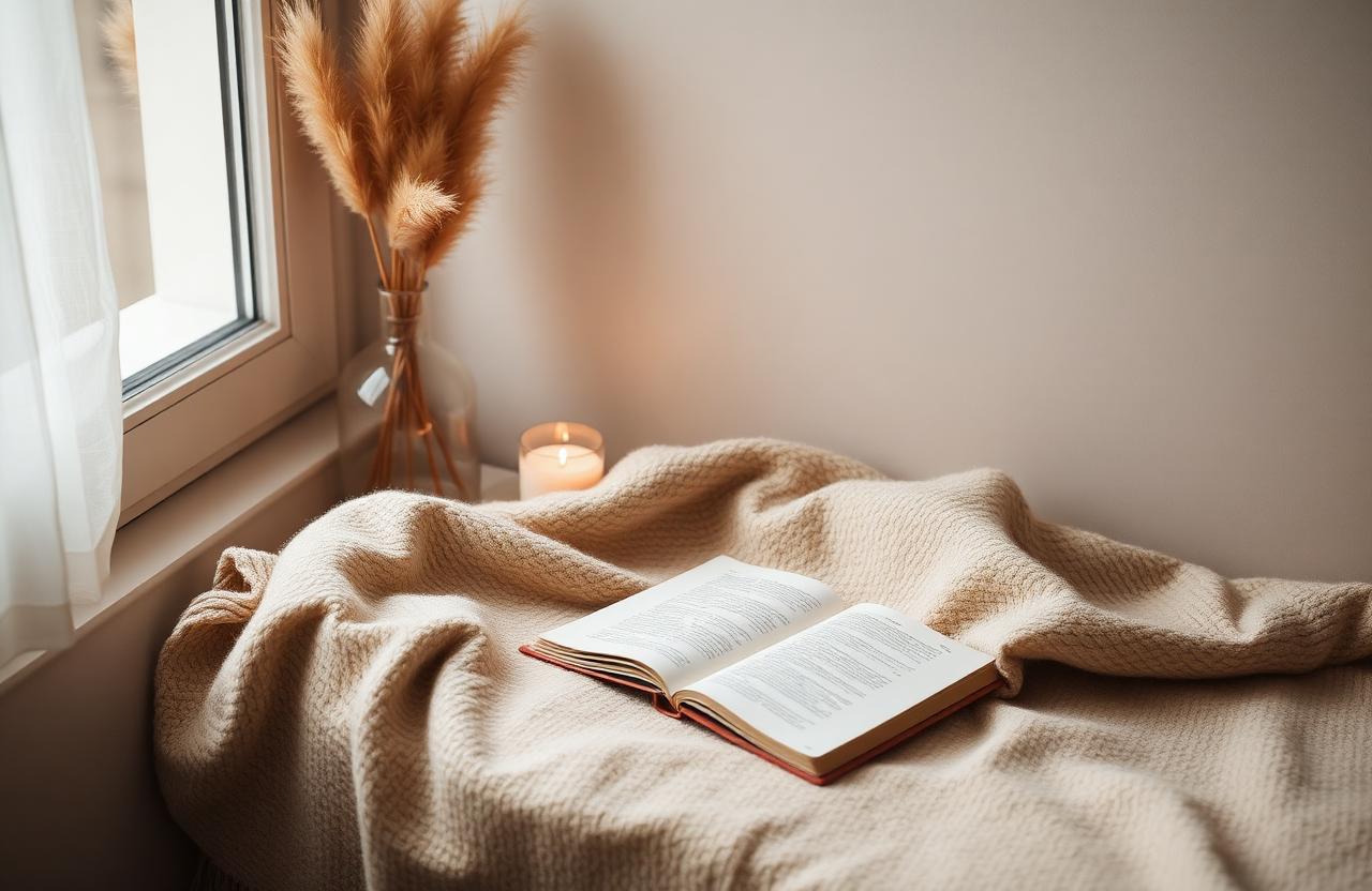 A tranquil corner with a soft blanket, an open journal and a candle by a window in soft light