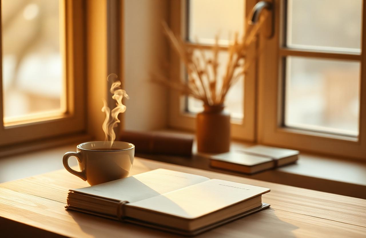 A calm minimalist home workspace by a window with tea and a notebook in soft golden light