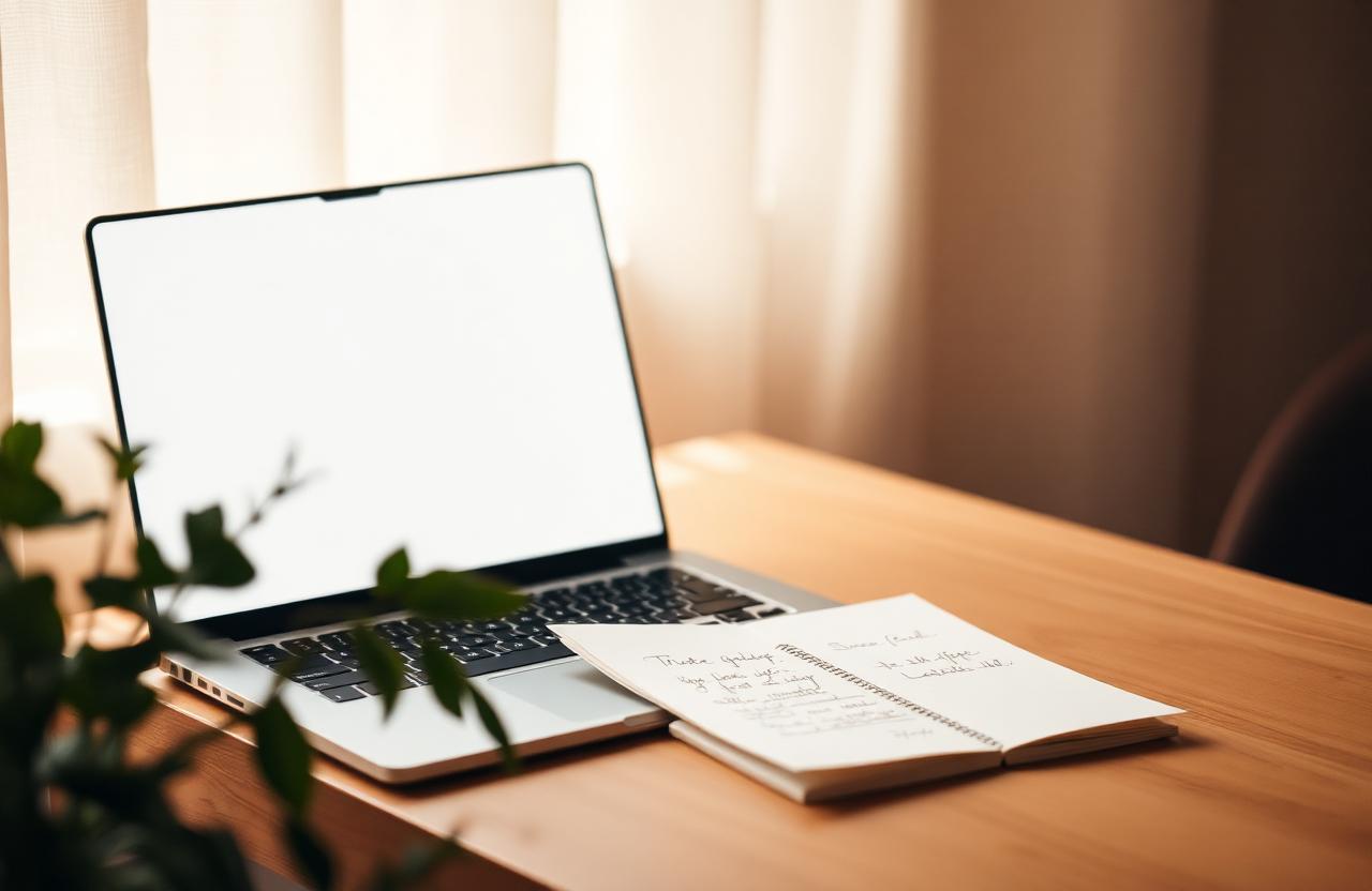 A peaceful desk with an open laptop, a plant and a handwritten note in gentle warm light