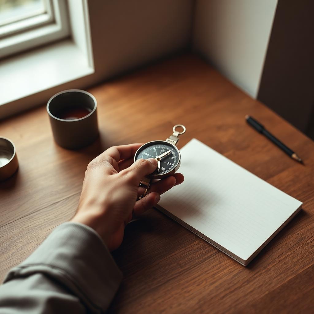 Hands holding an open compass on a wooden desk beside a notebook in warm light