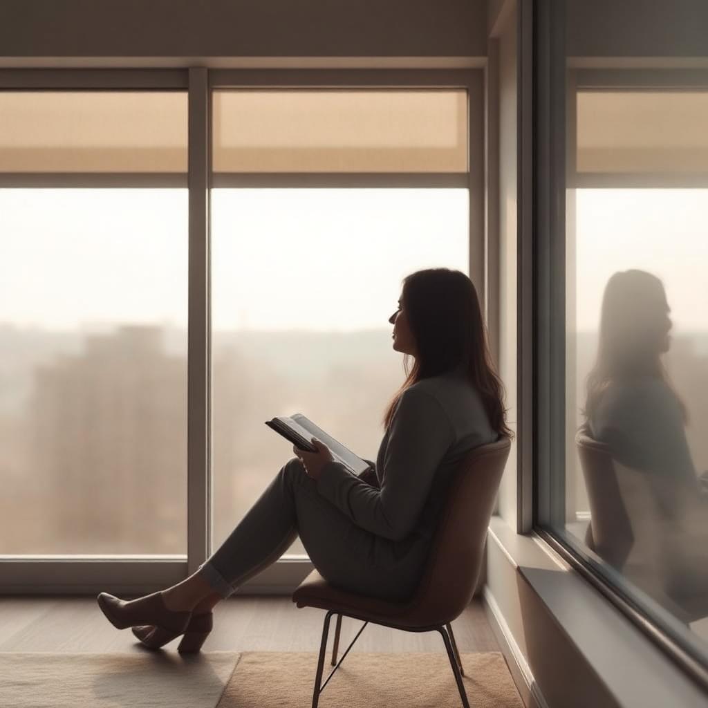A person sitting by a large window with a journal, looking thoughtfully outward in soft light