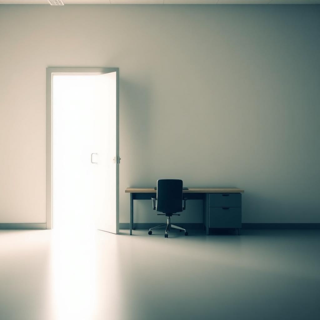 An open office door leading to bright daylight beside an empty modern desk