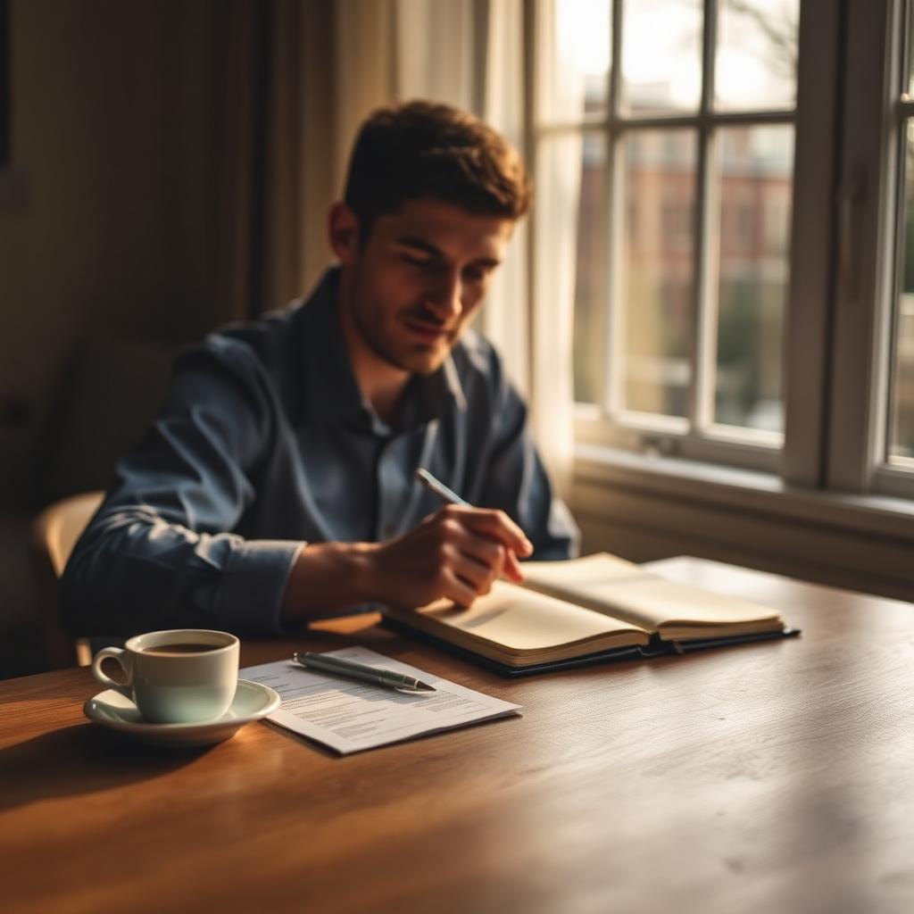 A person weighing a decision with a notebook and coffee at a quiet table by a window