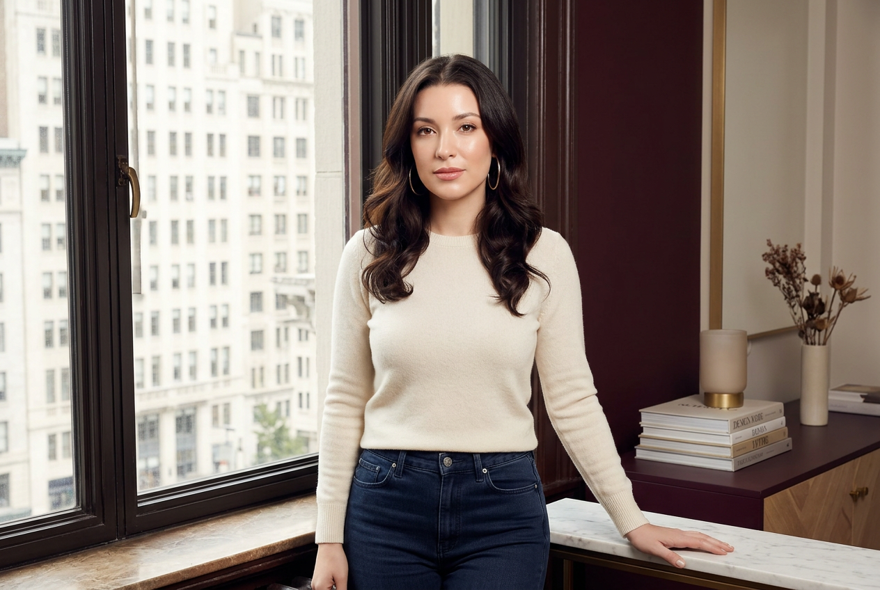 A confident woman over 40 working at an elegant desk