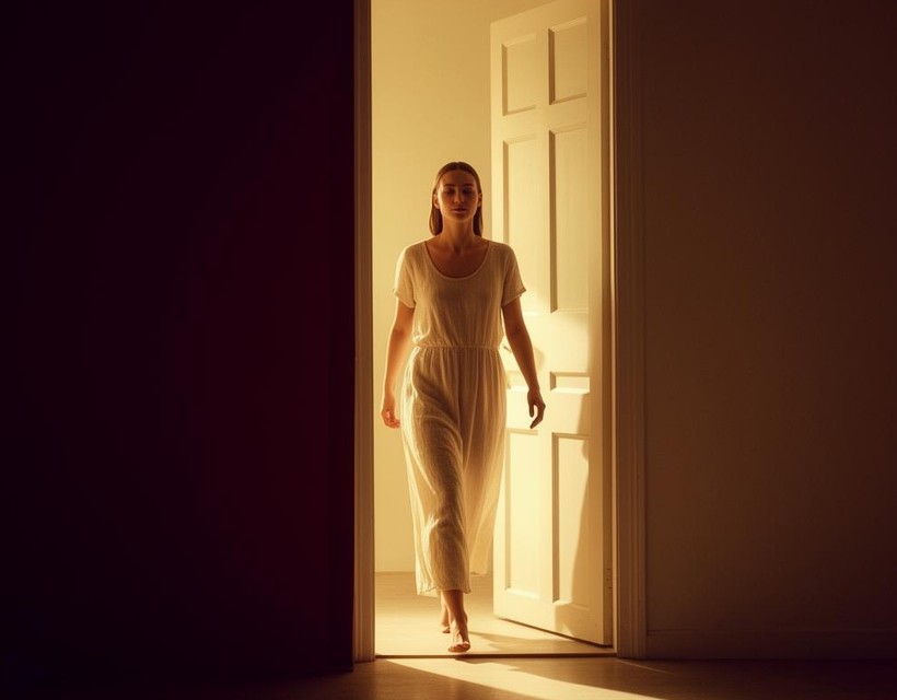 A woman walking along a sunlit minimalist path