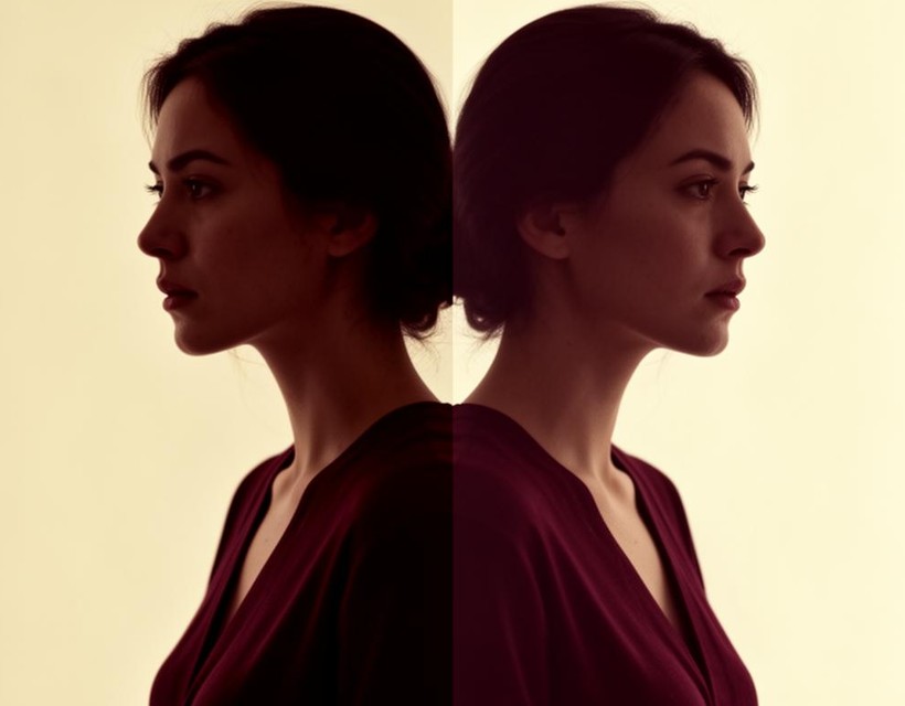 A woman's reflection in a mirror against a warm cream wall