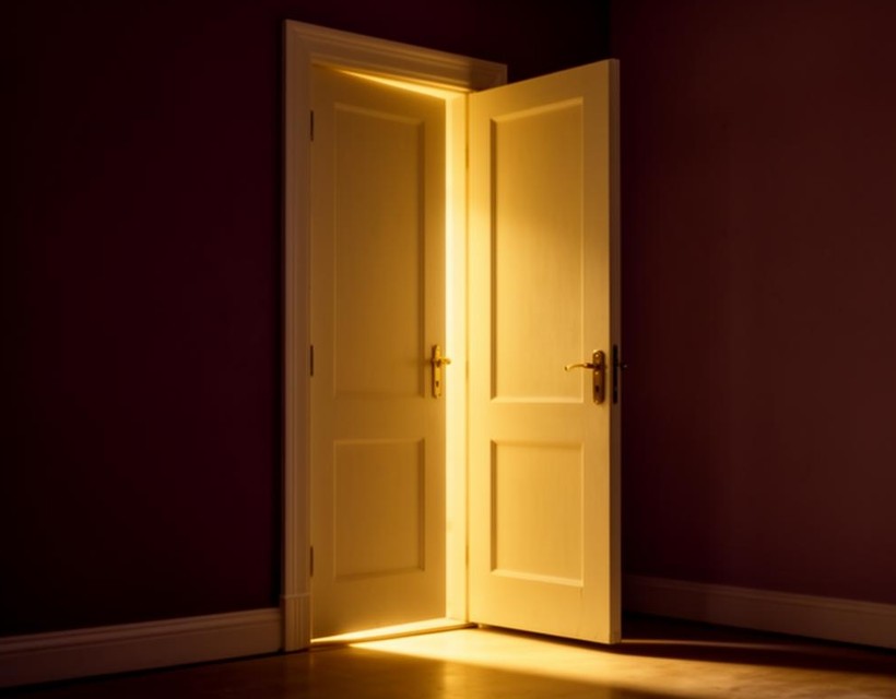 An open door letting warm light into a calm minimalist room