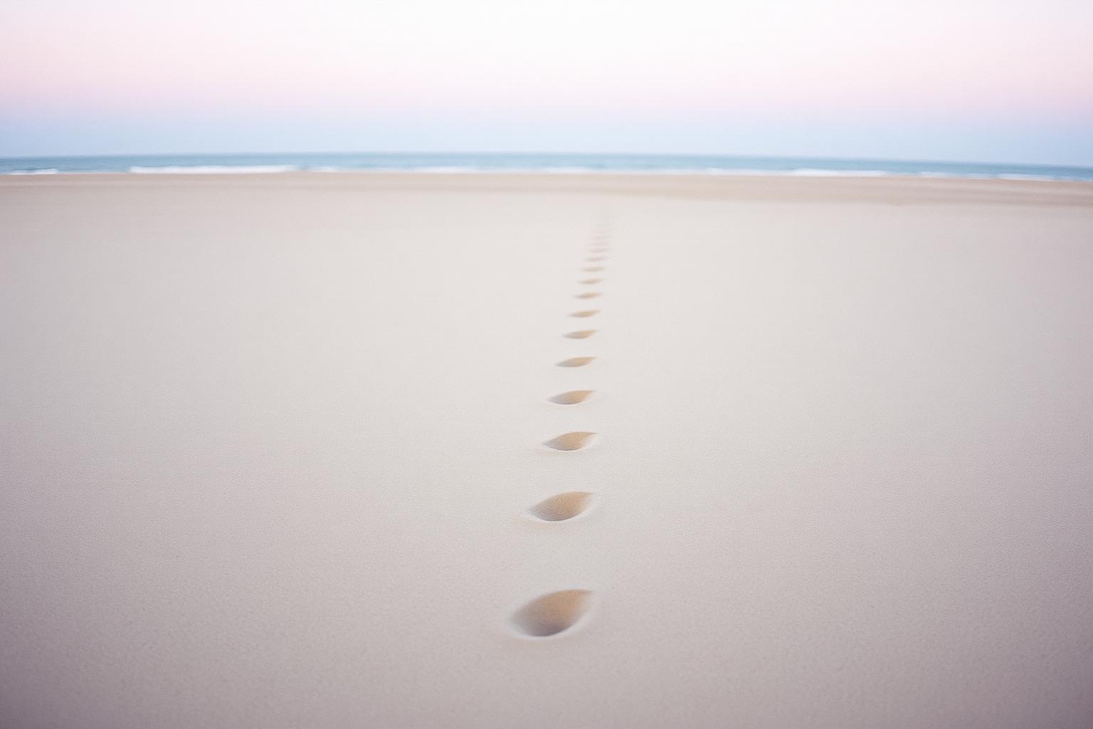 A single footprint in fresh sand leading toward an open, empty beach.