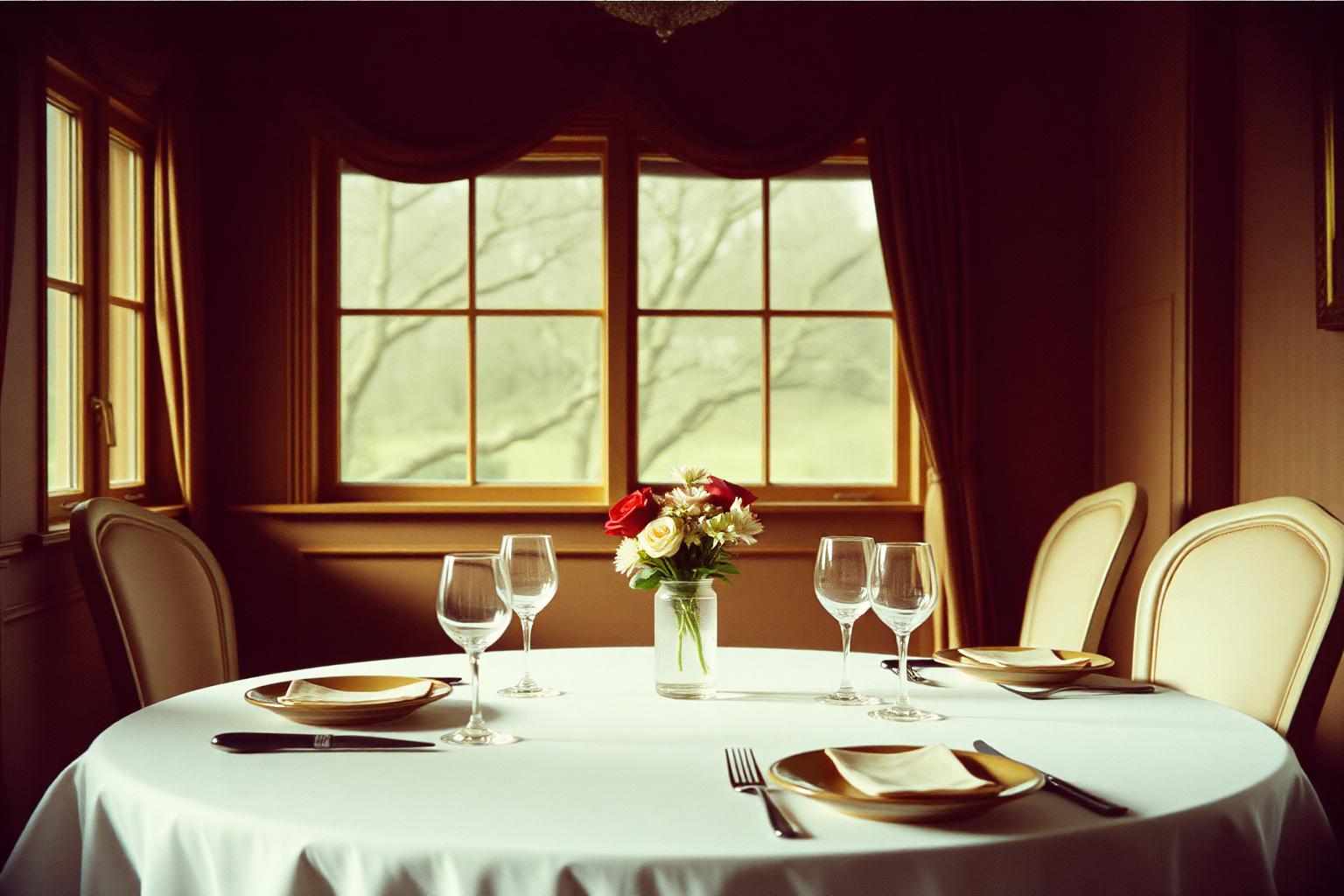 A beautifully set table by a window, lovely but empty, in soft daylight.