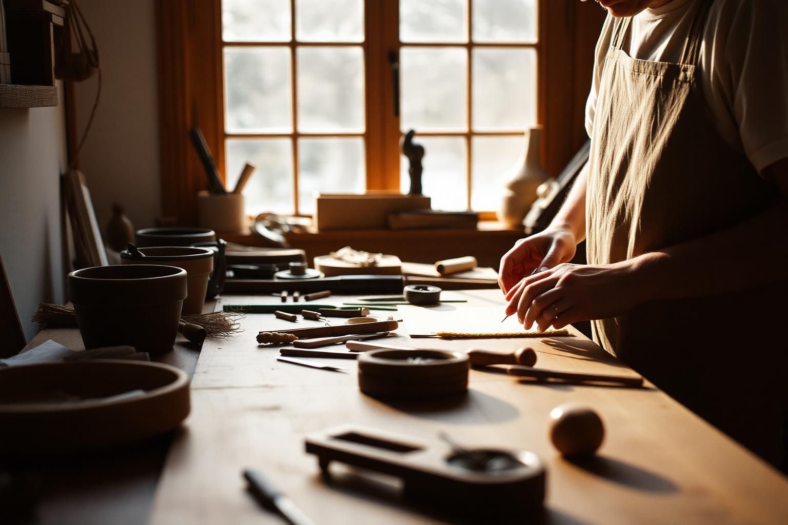 Hands working at a wooden craft table covered with tools and natural materials.