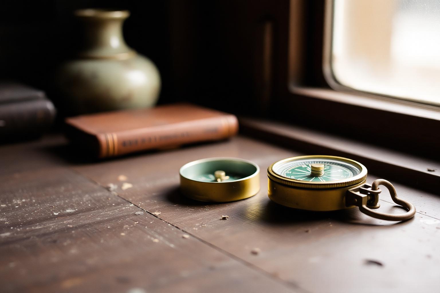 A weathered compass resting on an old wooden table near a window.