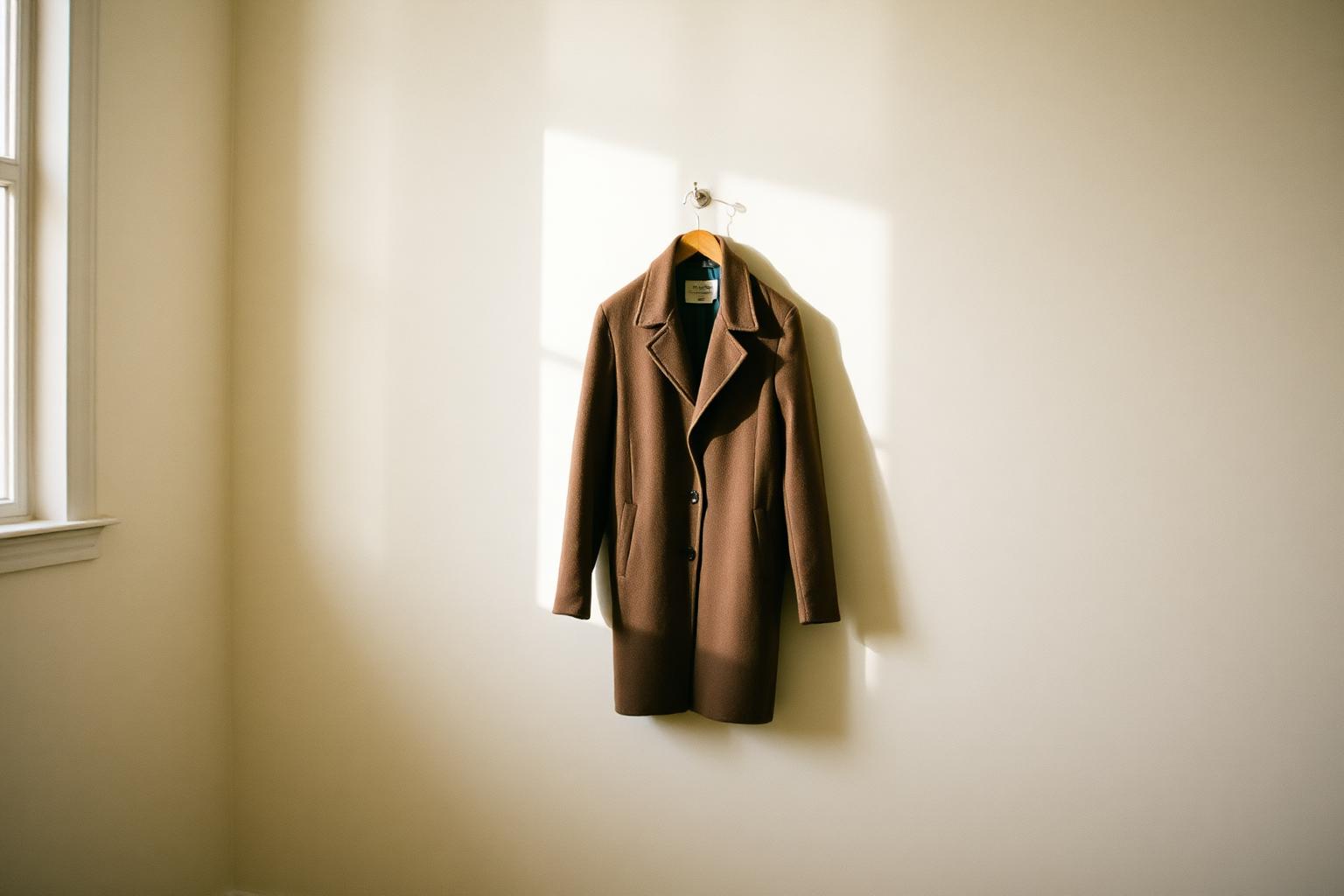 An old coat hanging alone on a hook in a quiet, light-filled room.