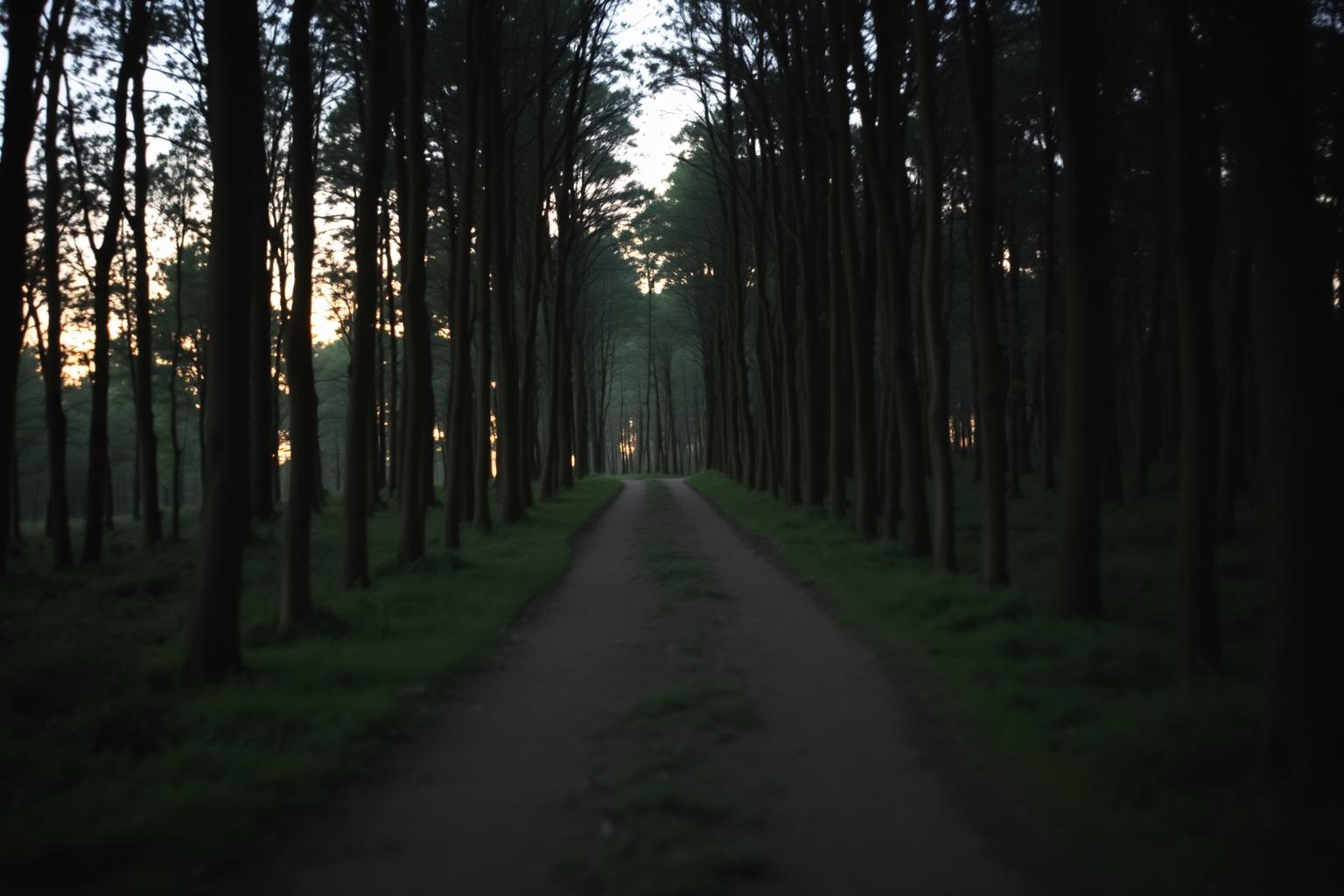 A path splitting in three directions in a quiet forest at dusk.