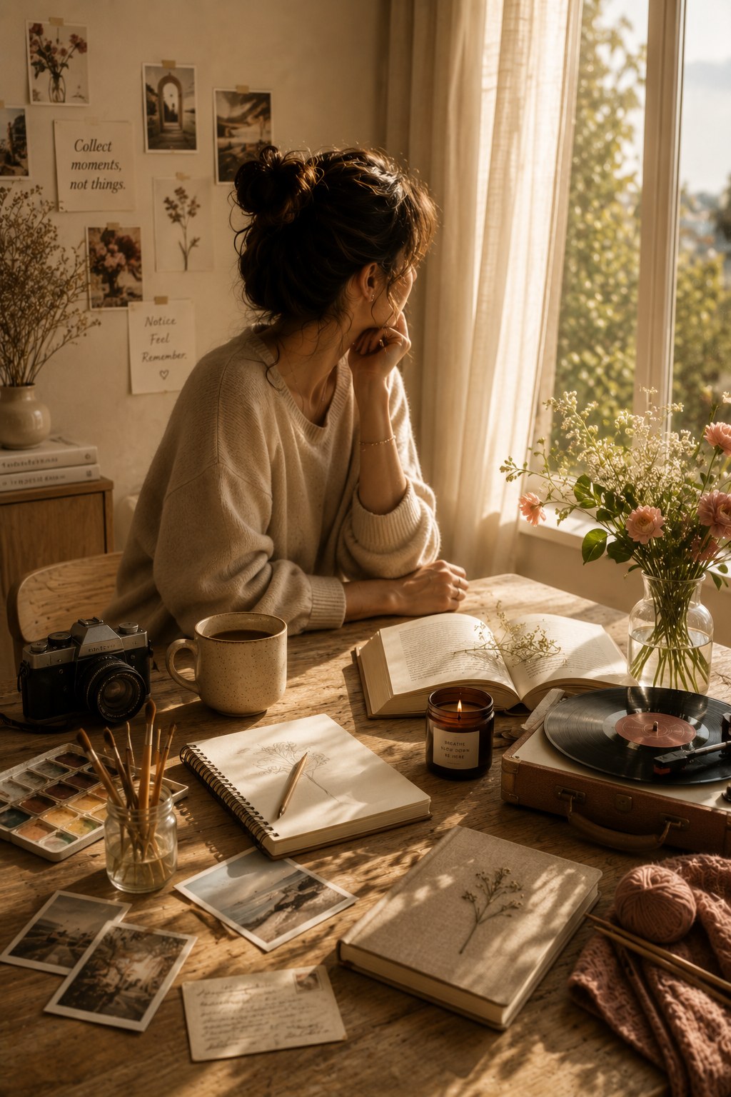 An array of well-worn objects—paints, books, garden tools—gathered on a sunlit floor.