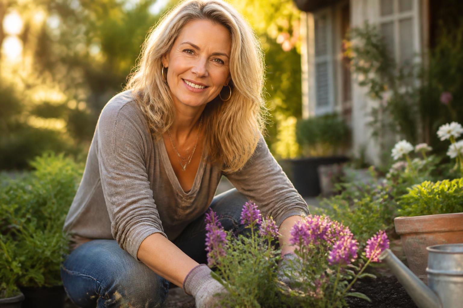 A vibrant woman in her early 50s smiling while planting flowers in a garden at golden hour