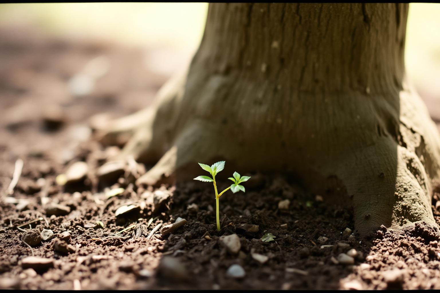 A small green shoot growing beside an established tree in soft daylight.