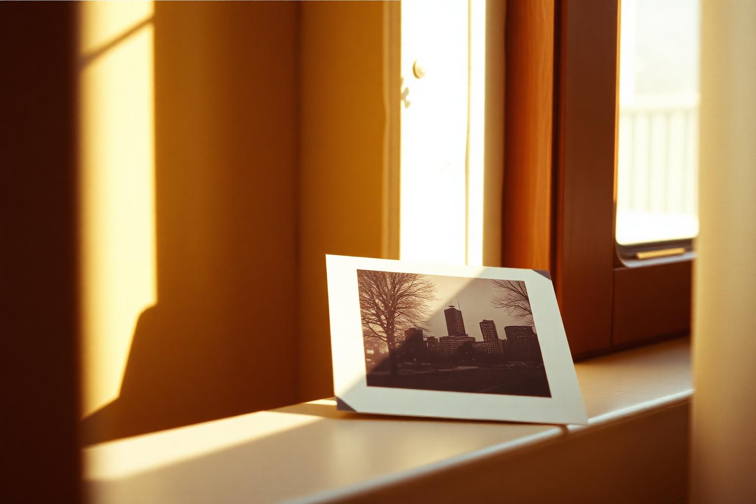 A faded photograph resting on a windowsill, sunlight washing out part of the image.