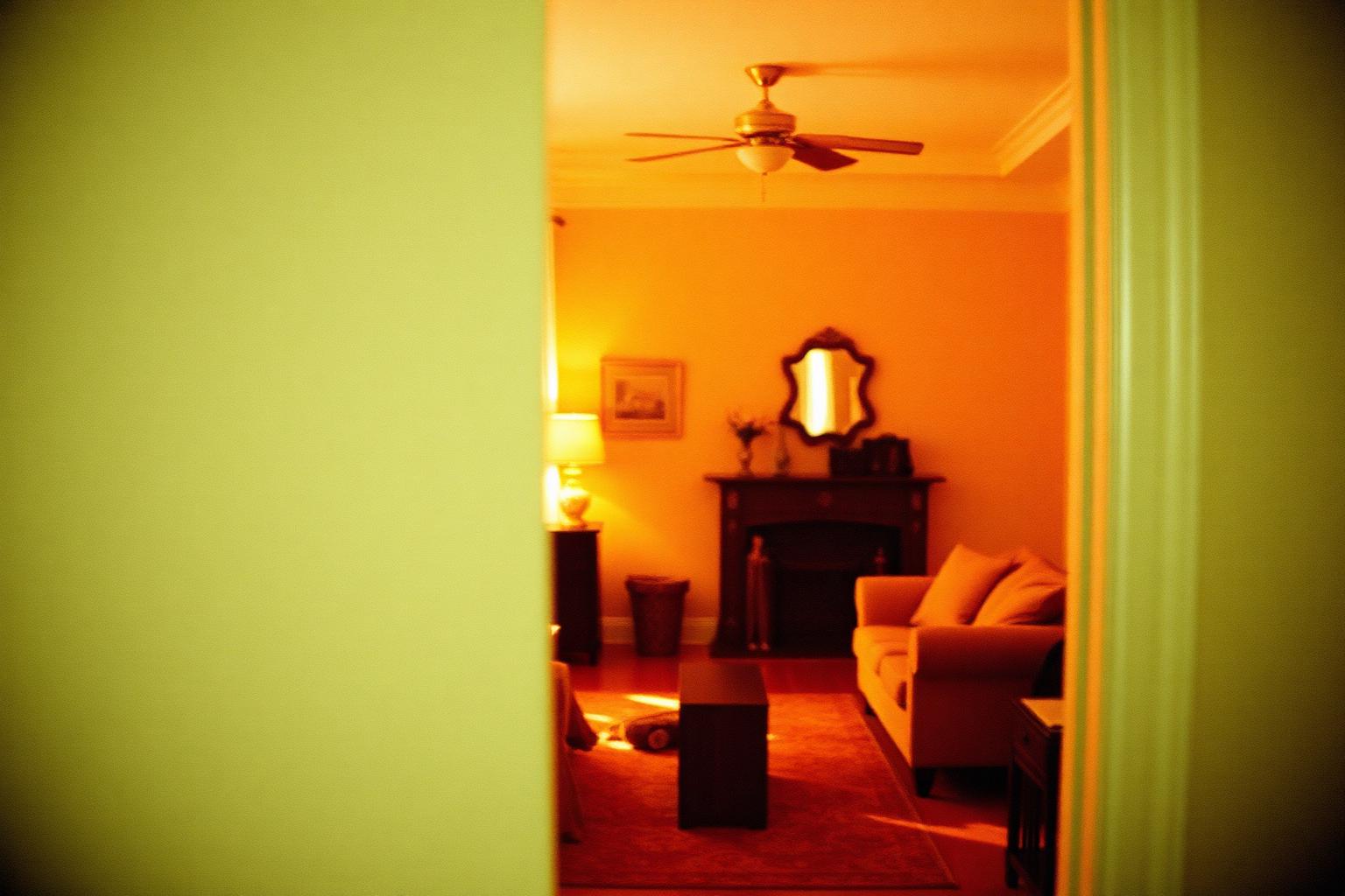 A beautiful room seen through a partly closed door, warm but enclosed.