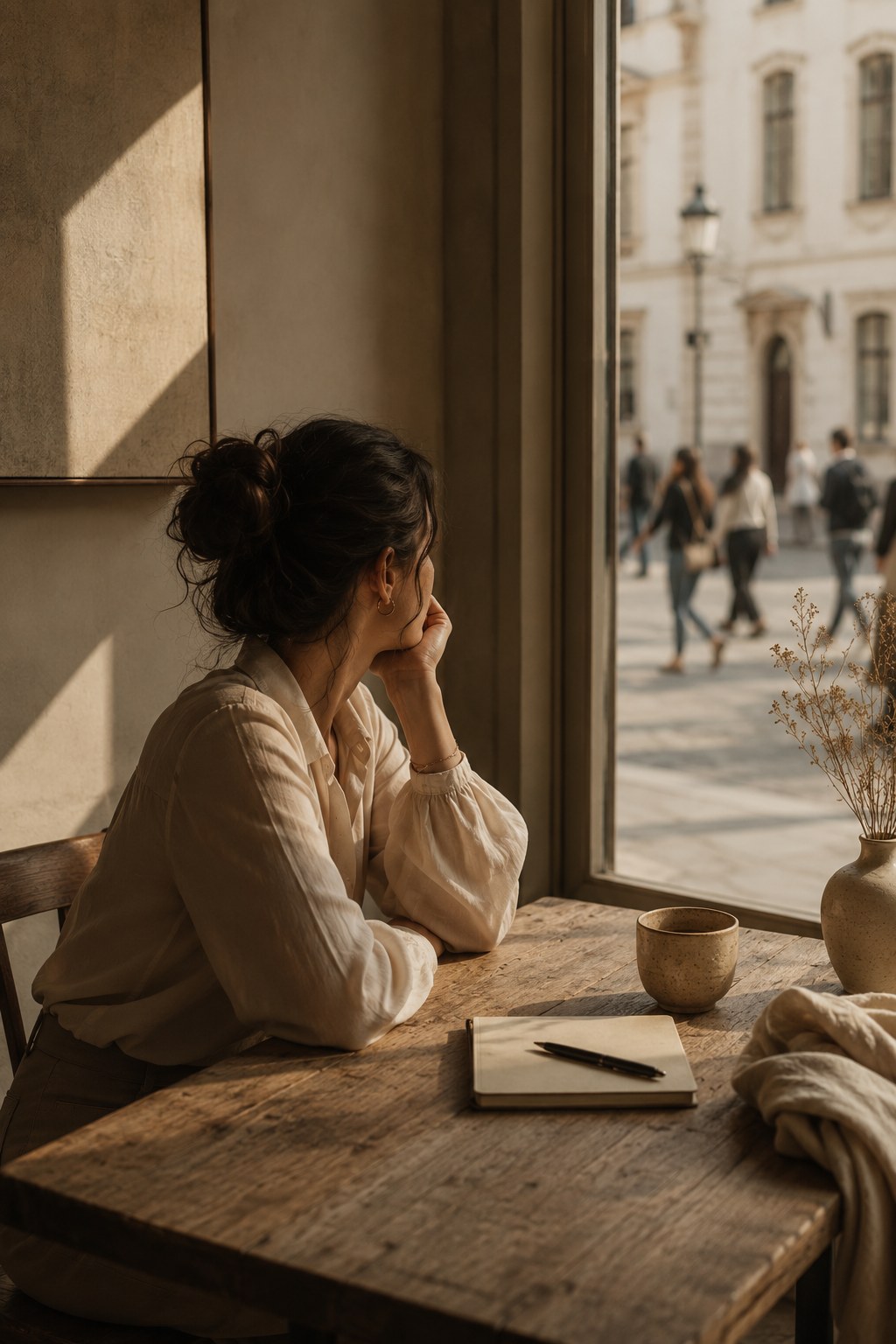 A woman sitting alone at a café table by a window, hand resting against her cheek, gazing out at a sunlit street.