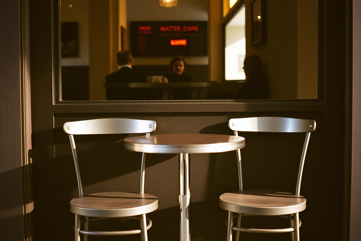 Two empty chairs at a cafe table, one slightly turned away, in soft afternoon light.