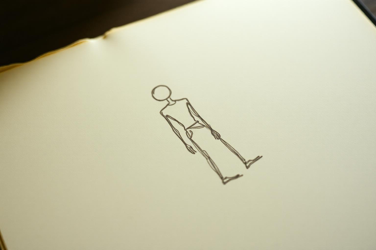 A faint pencil sketch of a figure, partly erased, on aged paper.