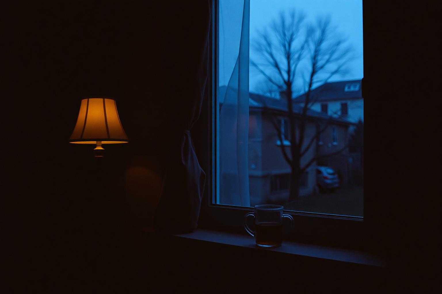 A dim living room at dusk with a single lamp lit and an untouched cup of tea by the window.