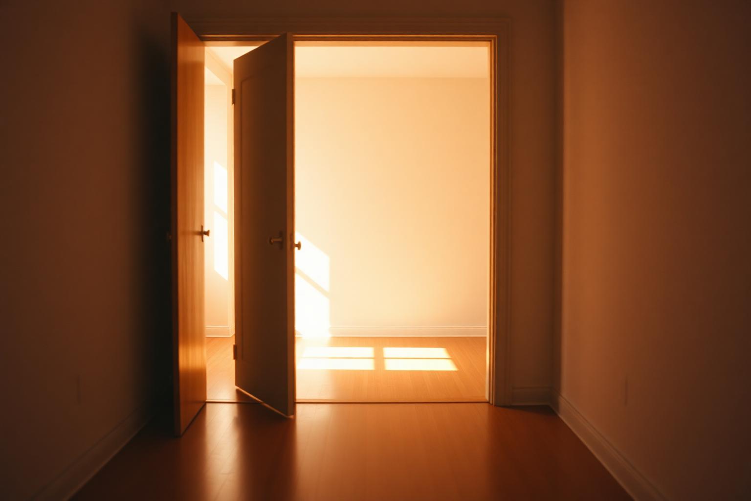An open doorway leading to a sunlit room that is empty except for light.