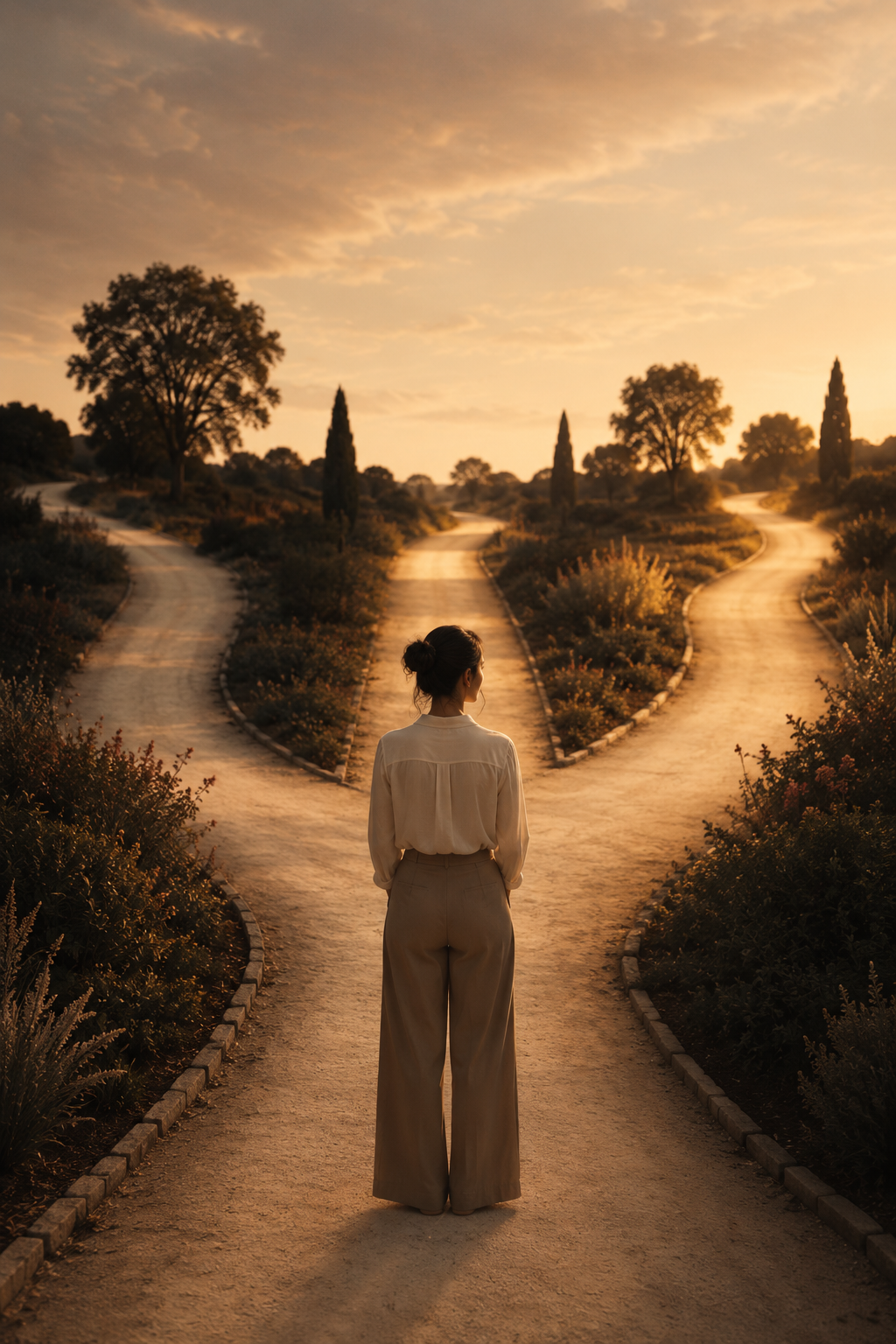 A woman standing at a forked path at sunset, facing away toward golden light