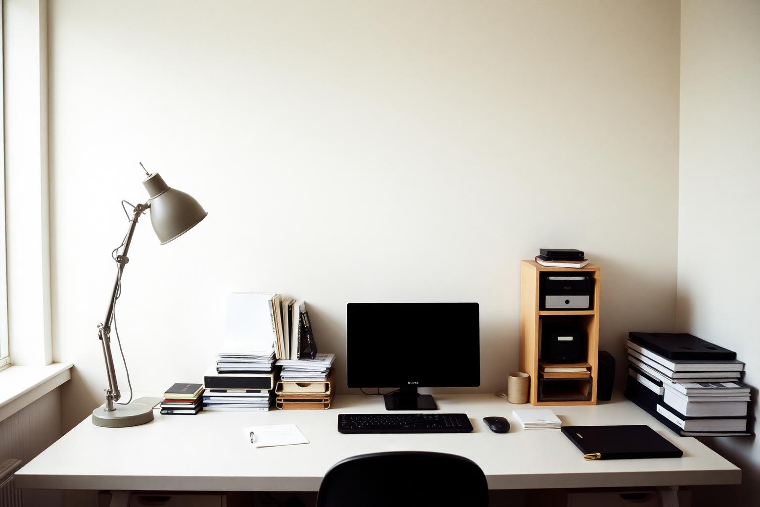 A neatly organized desk with everything in its place, lit by cool morning light, slightly impersonal.