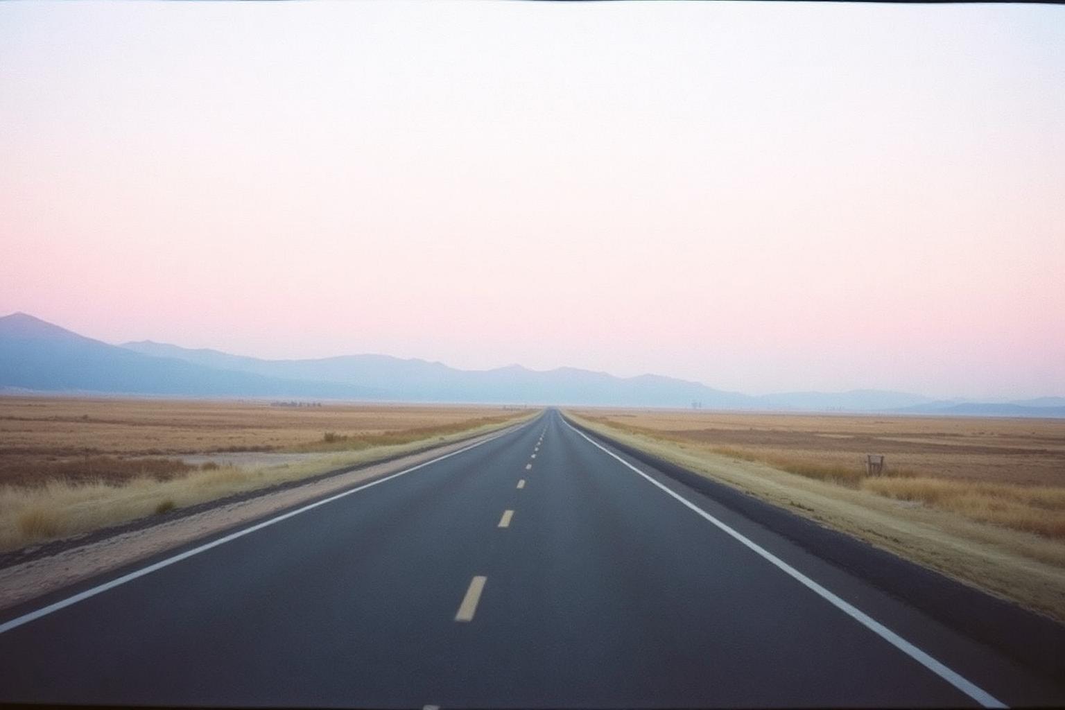 An empty road at dawn stretching toward soft hills, still and unhurried.