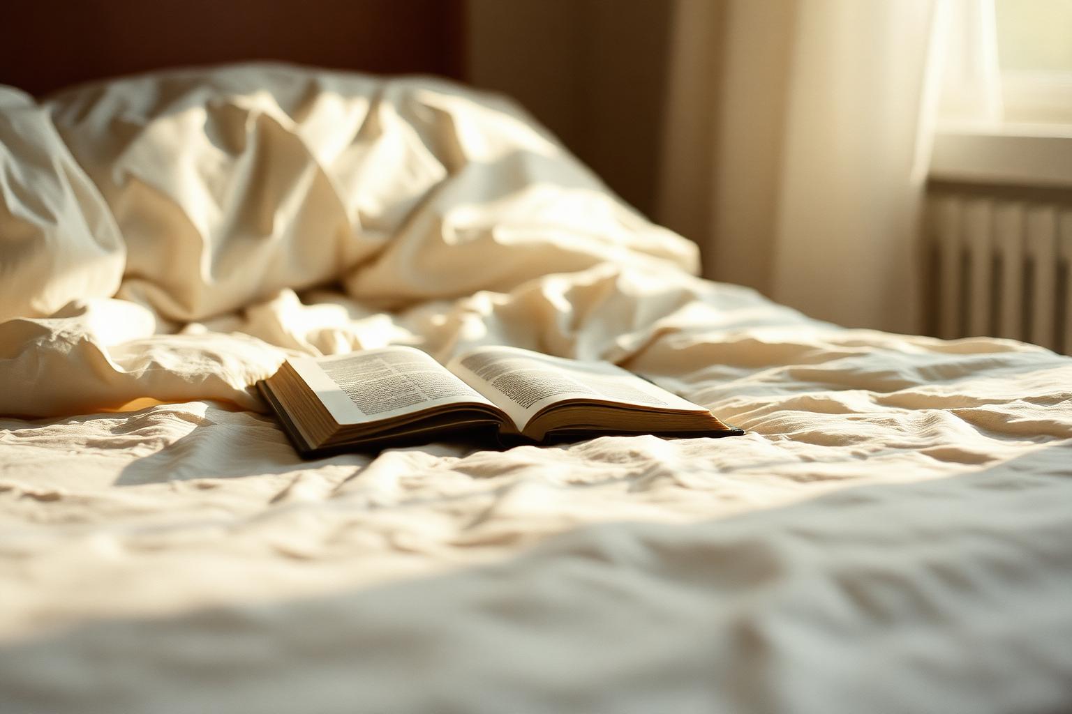 An unmade bed in soft late-morning light with a book left open, peaceful but undisturbed.