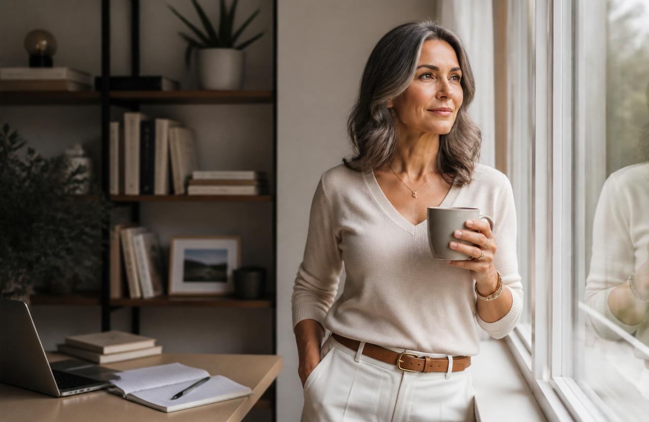 A confident woman in her early fifties standing by a sunlit window, holding a coffee mug and looking thoughtfully ahead.