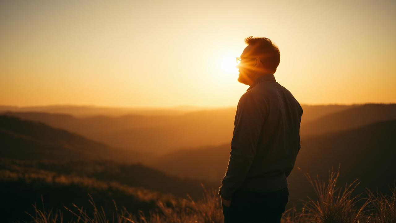 A person standing at a sunlit overlook at golden hour, looking out toward distant hills with a sense of searching and possibility.