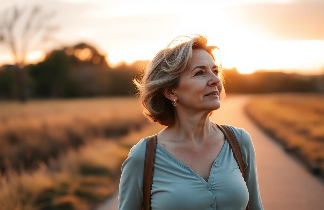 A woman in her early fifties walking outdoors at golden hour, looking forward with quiet determination.