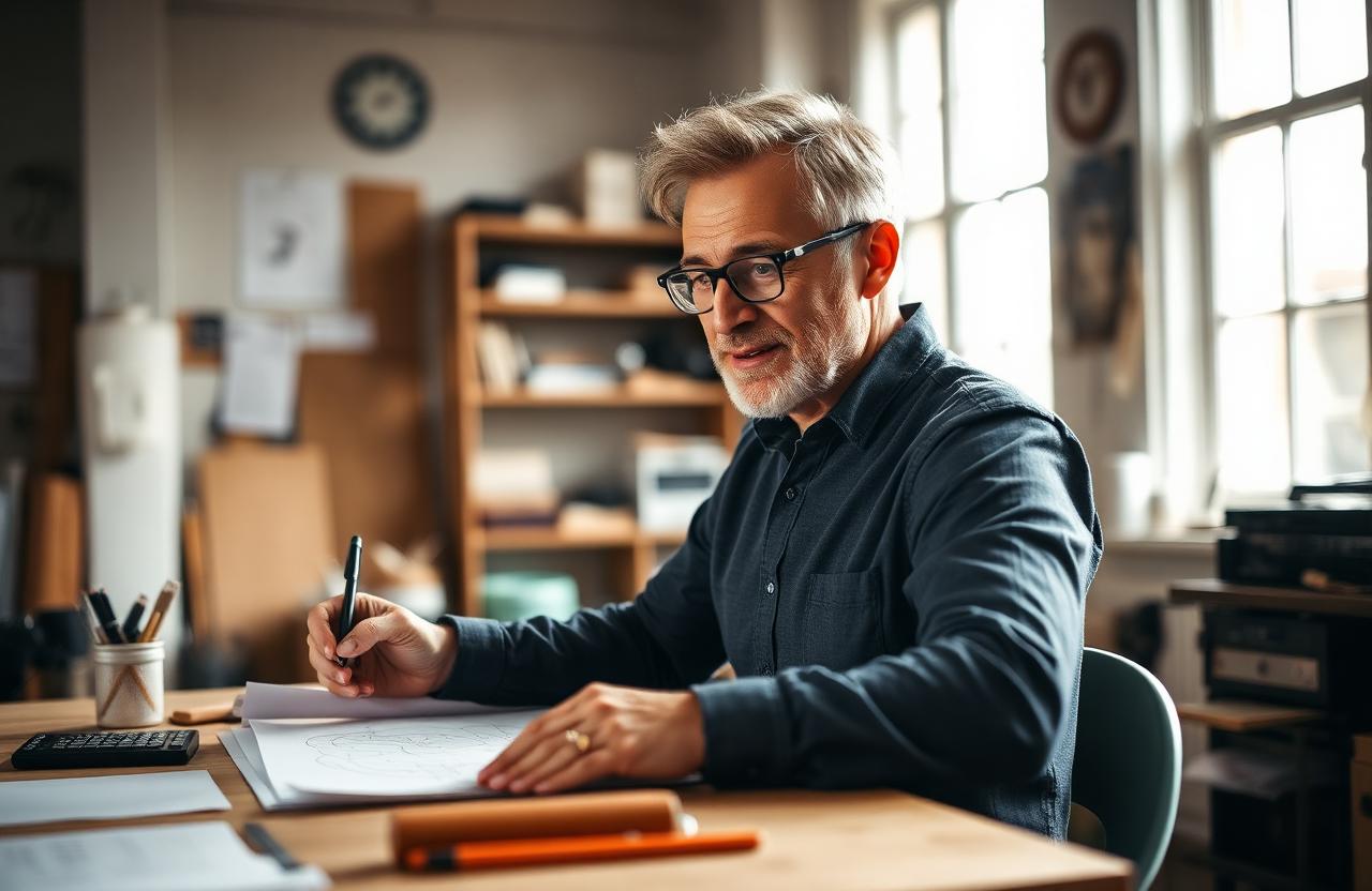A man in his early fifties sketching ideas at a sunlit desk in a home workshop, looking calm and hopeful.