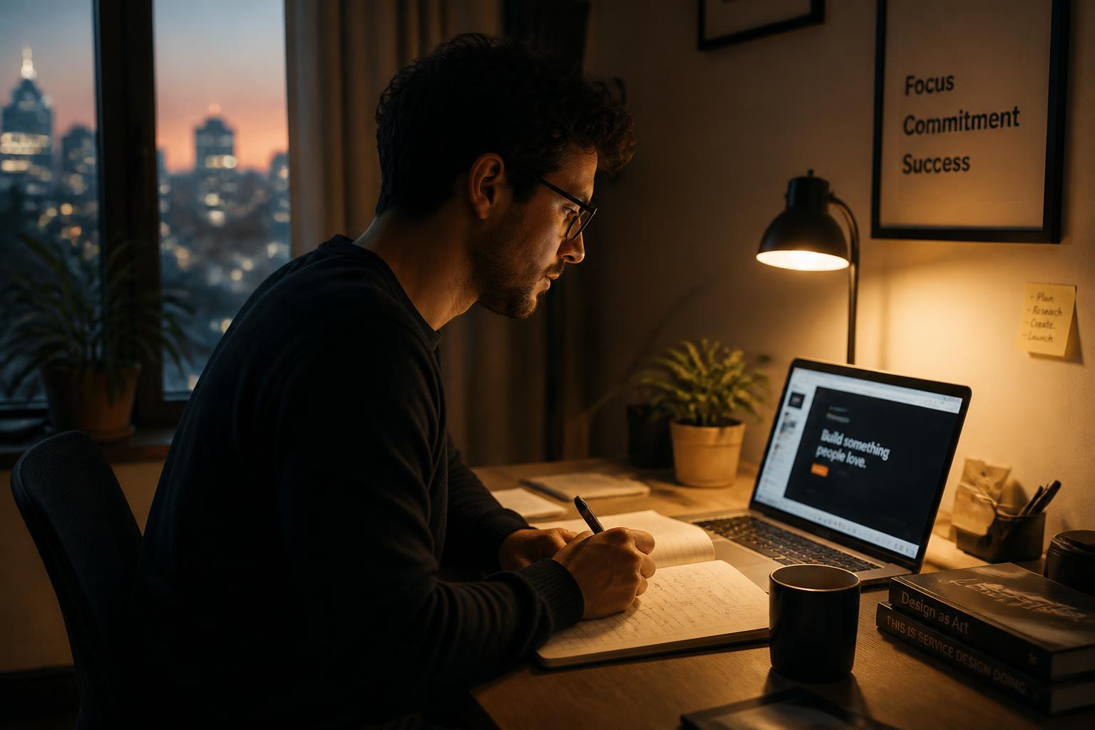 A person working on a side business in the evening at a lamp-lit desk with a laptop and notebook, city skyline at dusk behind them.