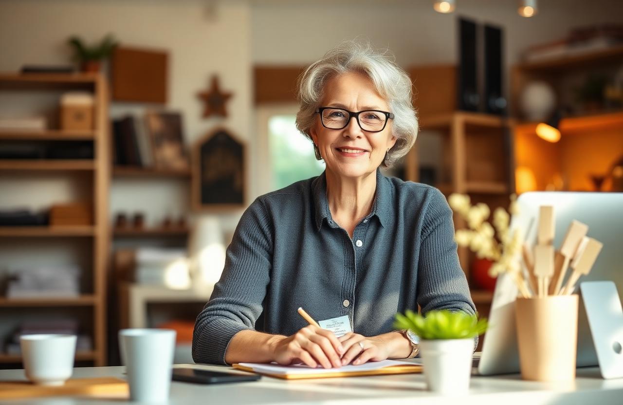 A confident person in their early fifties working in a bright small-business studio.