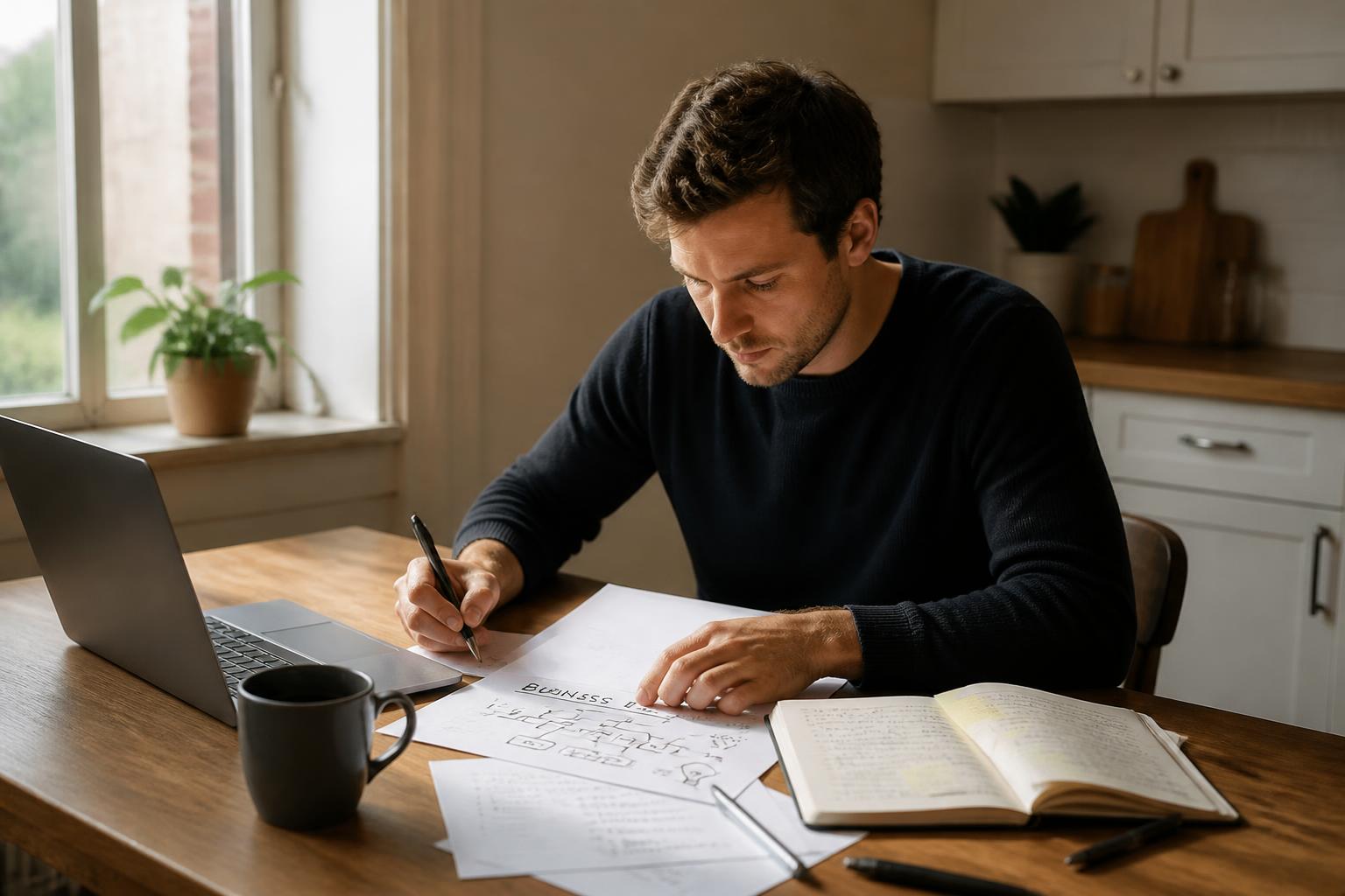 A focused entrepreneur sketching a business idea on paper at a sunlit kitchen table with a laptop and notebook.