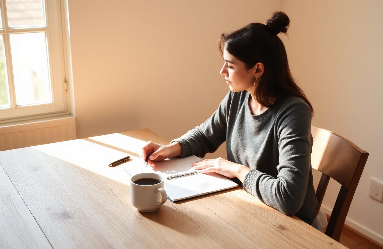 A person at a sunlit desk with a notebook, thinking through which business to start