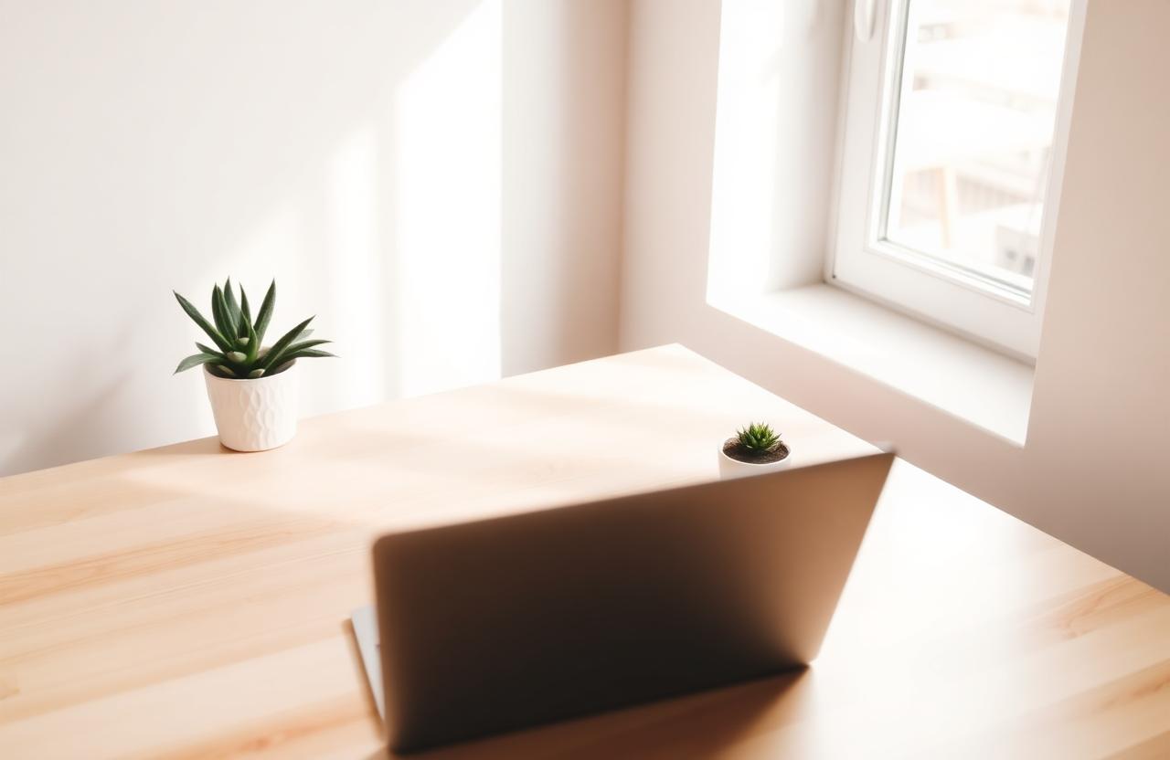A clean, sunlit home workspace with an open laptop and a small plant by a window