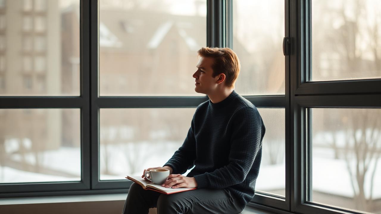 A thoughtful person sitting by a large window with a notebook and coffee in soft morning light, reflecting on life direction.
