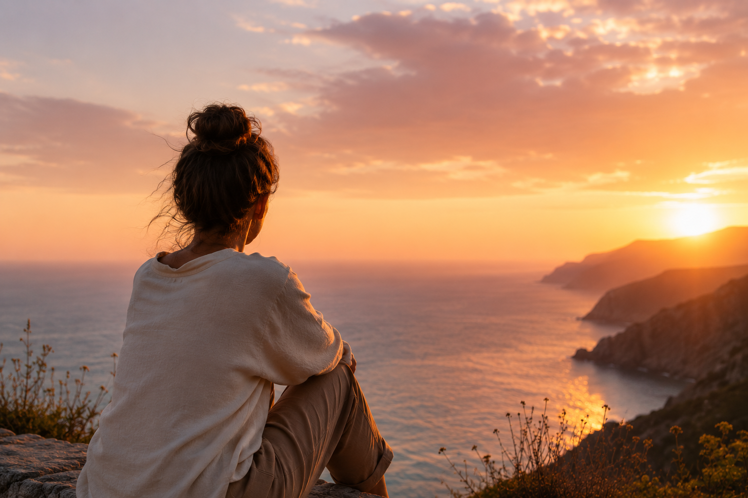 A person sitting on a cliff at sunset, gazing out over the sea toward the horizon.
